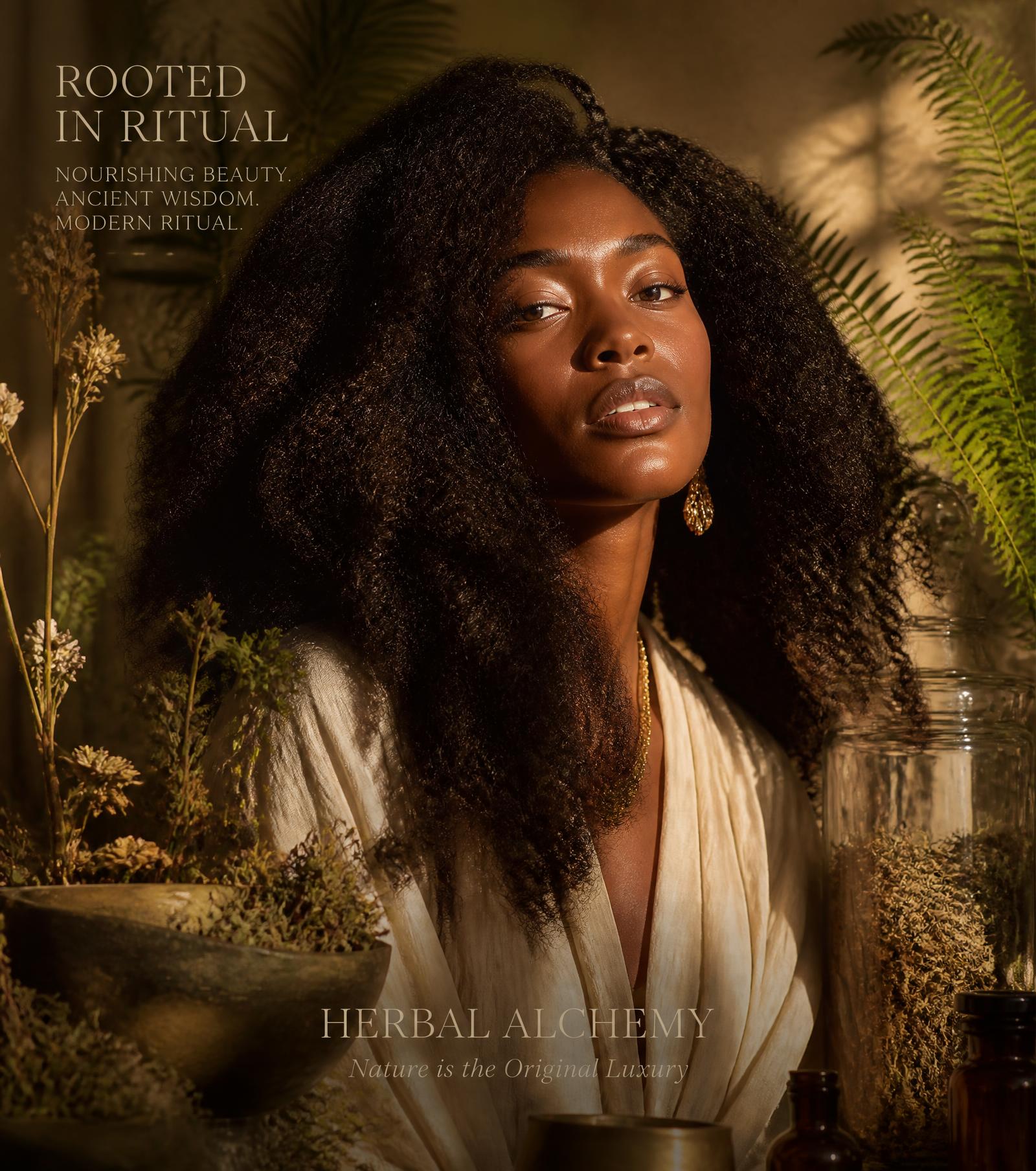 Woman with luxurious natural hair surrounded by botanicals